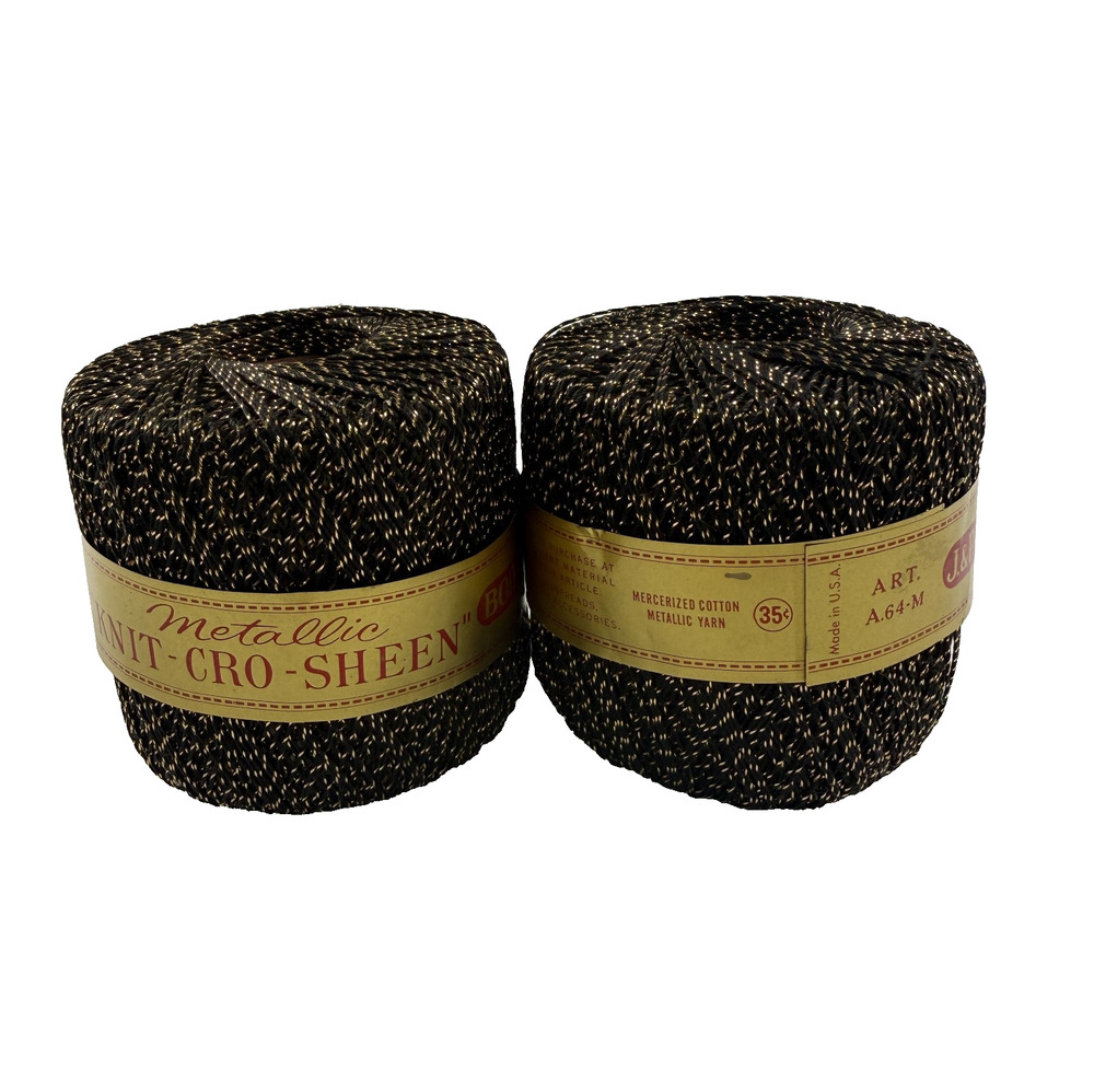 Vintage J&P Coats Metallic Knit-Cro-Sheen Thread Black Gold 100 Yds Spools Lot 2